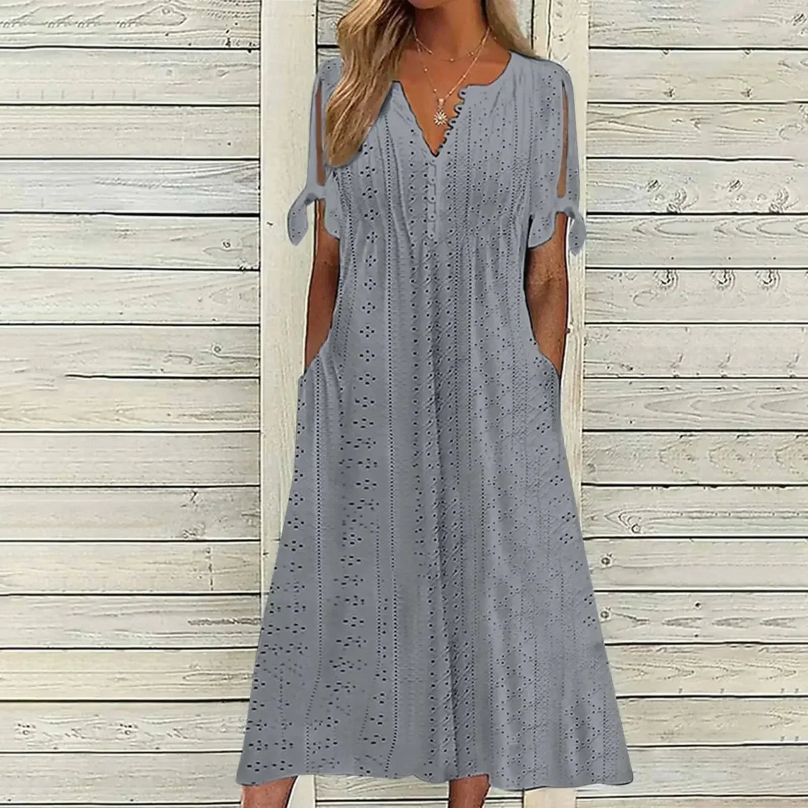 Vestido de Renda Jana - Gola em V de Manga Curta (Verão 2026)